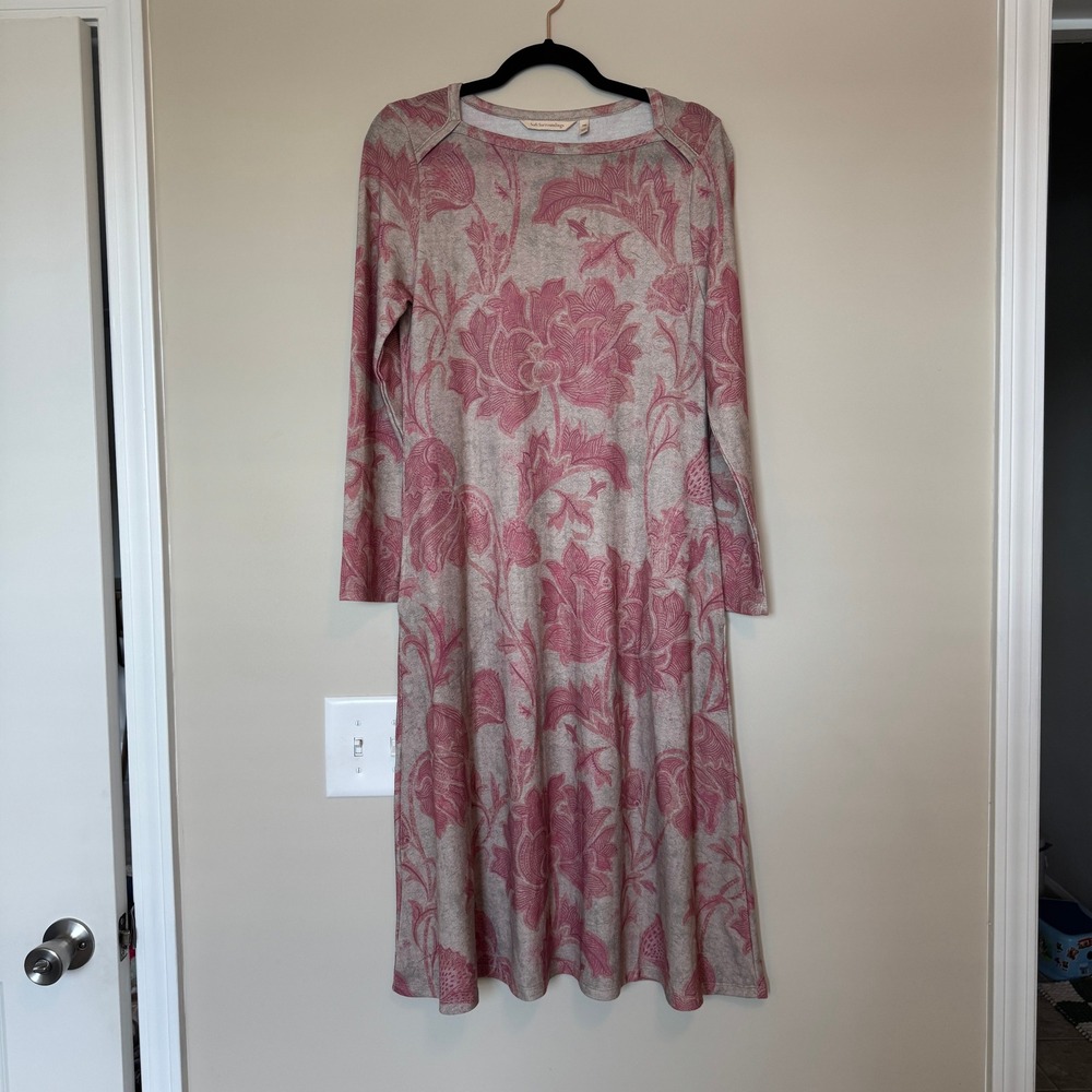 Soft Surroundings Sansai Long Sleeve Hacci Knit Midi Dress Pink Floral